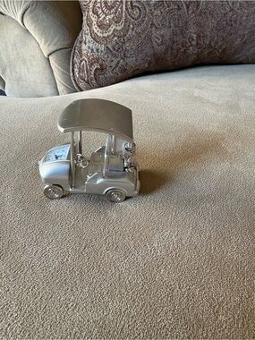 Silver Golf Cart Desk Clock Figurine - Decorative Home Office Accent